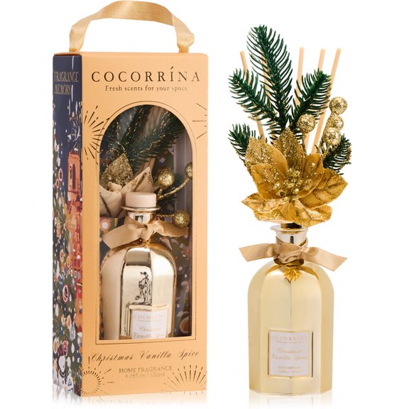 COCORRNA Christmas Vanilla Spice Reed Diffuser, 4.06 fl oz, Gold Glass Bottle with Artificial Flowers, Long-Lasting Home Fragrance, Holiday Gift for Family and Friends