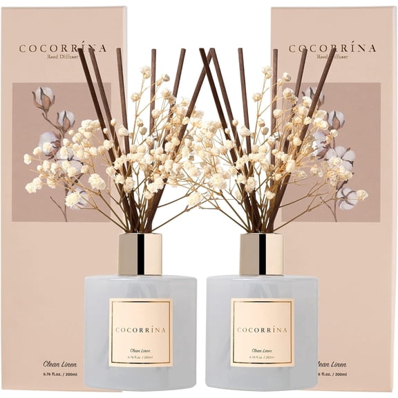 COCORRÍNA Clean Linen Reed Diffuser Set, 2 Pack, 6.7 fl oz Each, Glass Bottle with Dried Flower, Long Lasting Fragrance for Home Bedroom Bathroom Office Decor, Perfect for Gifting