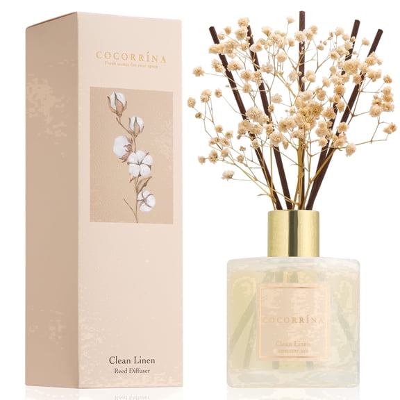COCORRÍNA Clean Linen Reed Diffuser Set, 6.7 fl oz Glass Bottle with Dried Flower, Long Lasting Fragrance for Home Bedroom Bathroom Office Decor, Gift