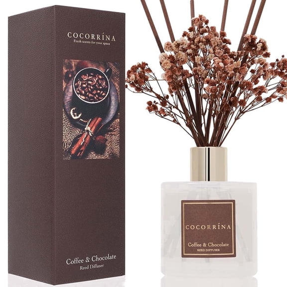 COCORRÍNA Coffee & Chocolate Reed Diffuser Set, 6.7 fl oz Glass Bottle with Dried Flowers, Long Lasting Scent for Bedroom Bathroom Living Room Office, Elegant Home Decor & Gift
