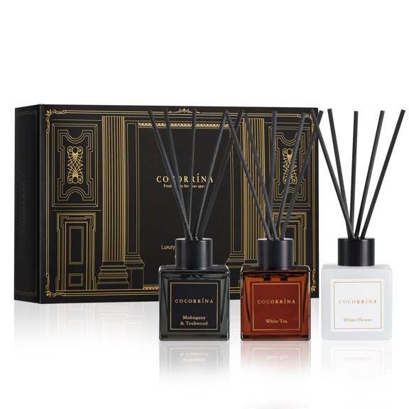 COCORRÍNA Hotel Collection Reed Diffuser Set, 1.7 fl oz Trio, White Tea / White Flower / Mahogany  & Teakwood, Long Lasting Home Fragrance Decor for Bedroom, Bathroom & Office