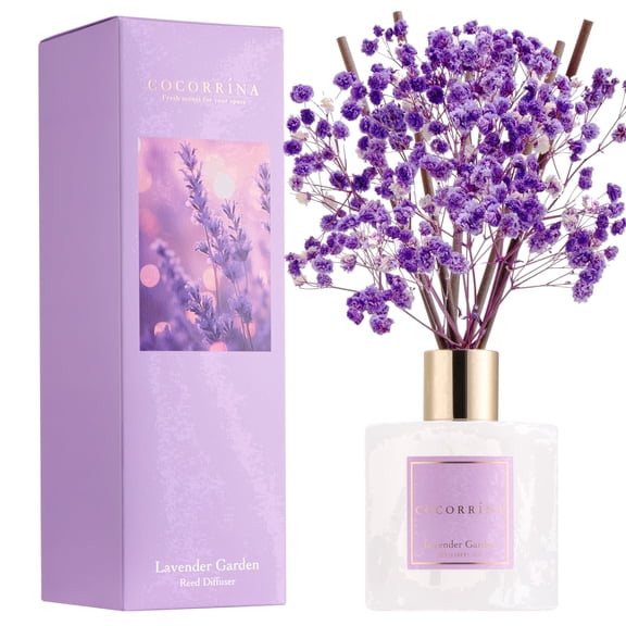 COCORRÍNA Lavender Garden Reed Diffuser Set, 6.76 fl oz with Dried Baby's Breath, Long Lasting Floral Scent for Home Bedroom Bathroom Decor