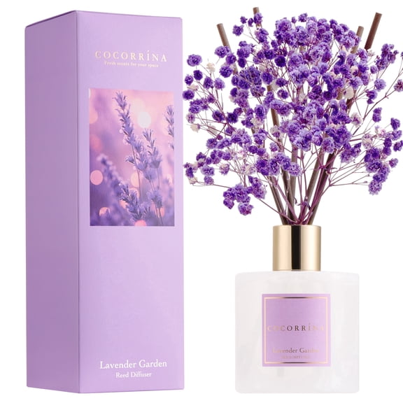 COCORRÍNA Lavender Garden Reed Diffuser Set, 6.76 fl oz with Dried Baby's Breath, Long Lasting Floral Scent for Home Bedroom Bathroom Decor