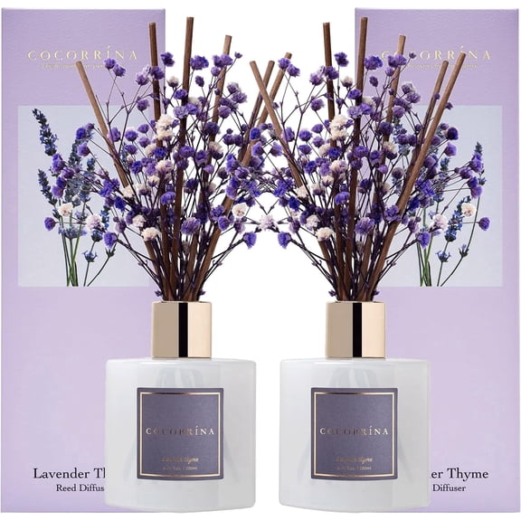 COCORRÍNA Lavender Thyme Reed Diffuser Set, 2 Pack, 6.7 fl oz Each, Glass Bottle with Dried Flower, Long Lasting Fragrance for Home Bedroom Bathroom Office Decor, Perfect for Gifting