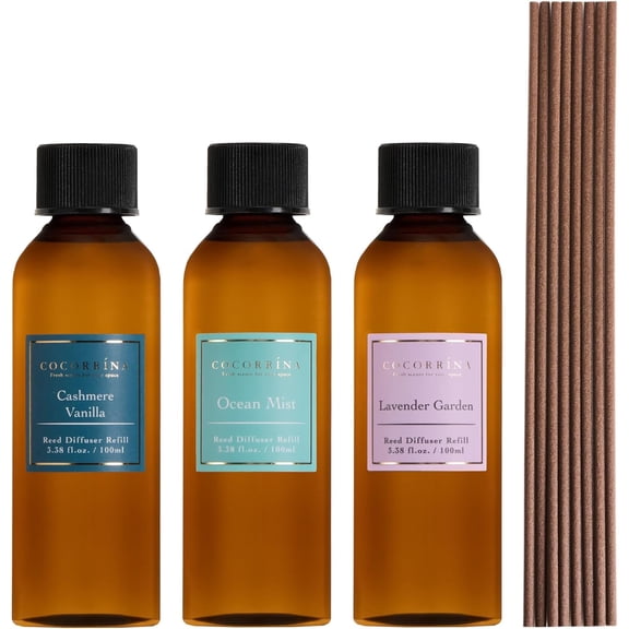 COCORRNA Reed Diffuser Set, 10.2oz Scented Oil Refill 3 Pack, Cashmere Vanilla, Ocean Mist, Lavender Garden, Long Lasting with 18 Sticks for Bathroom & Bedroom