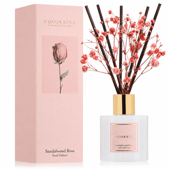 COCORRÍNA Sandalwood Rose Reed Diffuser Set, 3.38 fl oz Glass Bottle with Dried Baby's Breath, Home Fragrance & Decor for Bedroom, Bathroom & Office