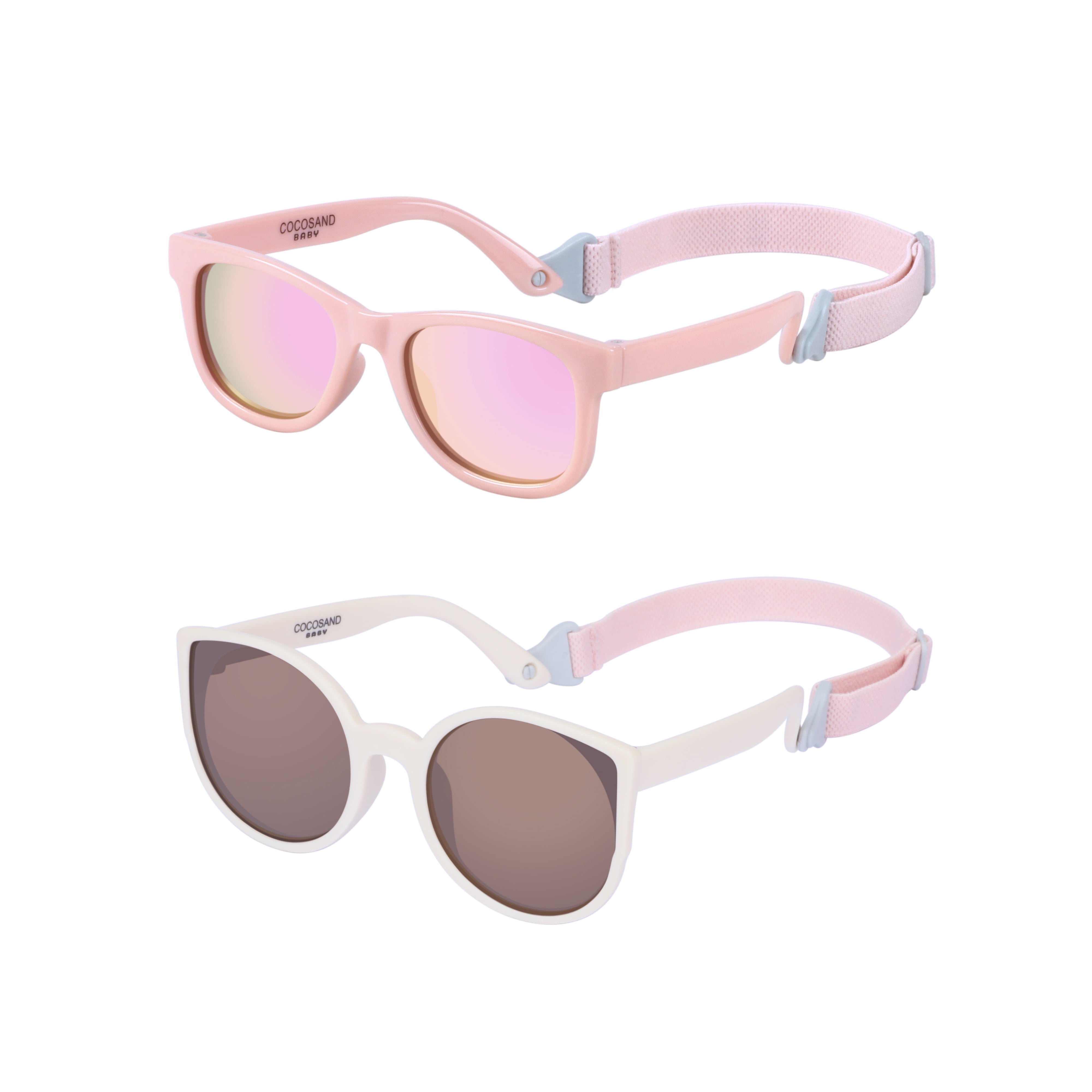 COCOSAND Baby Sunglasses with Strap Square Cat Eye UV400 for Infant Toddler Boys Girls Age 0-24 Months, 2-Pack