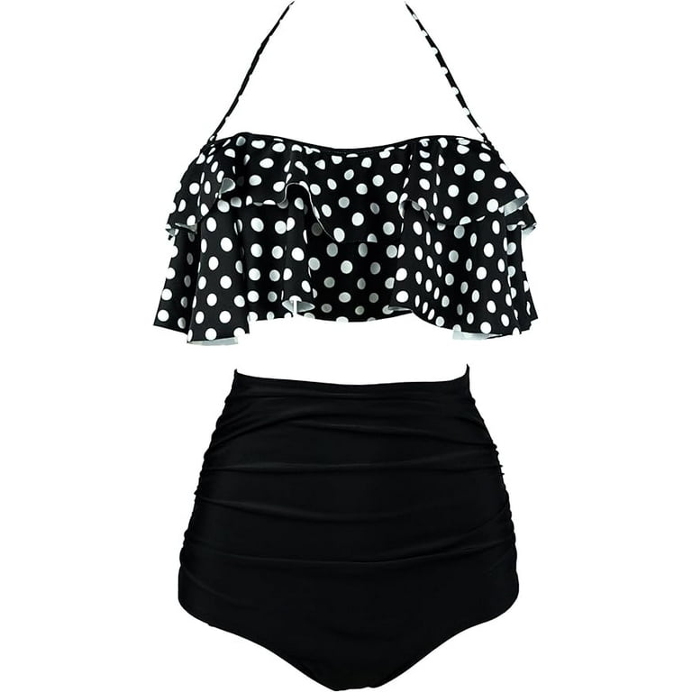 COCOSHIP Women s Retro Boho Flounce Falbala High Waist Bikini Set Chic Swimsuit FBA