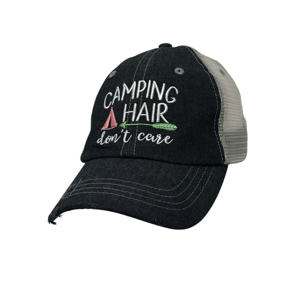 COCOVICI Camping Hair Don't Care Embroidered Grey Distressed Hat Mesh Trucker Style Hat Cap