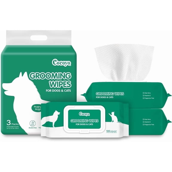 COCOYO Disposable Wet Wipes for Dogs & Cats, Plant-Based, Hypoallergenic, Fragrance Free, 300 Wipes, 3 Packs of 100