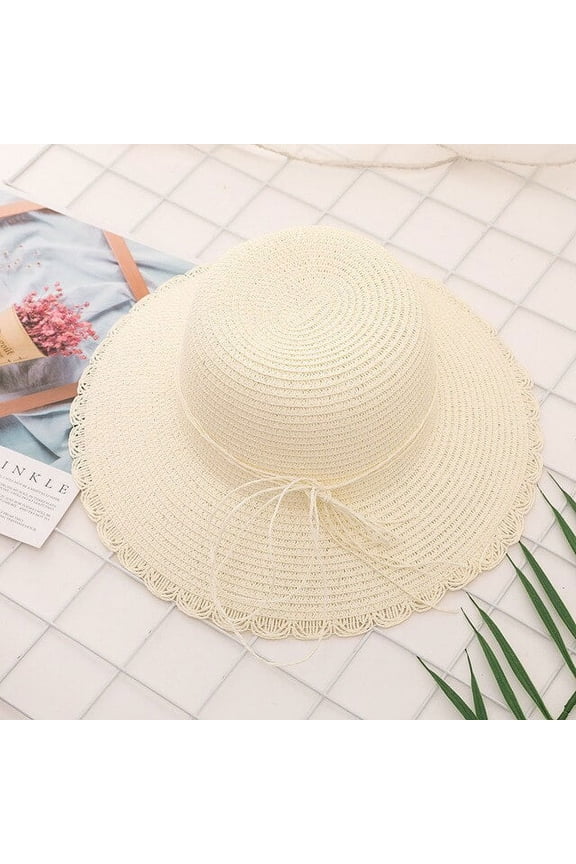 Fashion Women Summer Sun Hat Beach Panama Straw Cap Big Brim Black White Bow Ribbon Temperament Flat UV Cut Lady Sunshine Hat
