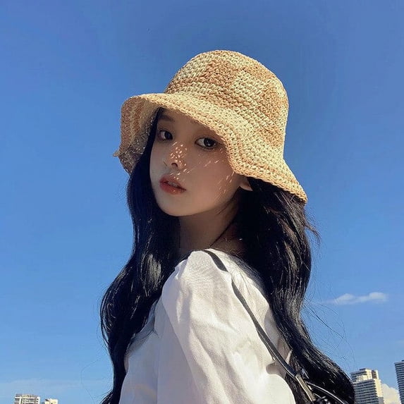 COCOpeaunt Handwoven Strawyarn Crochet Bucket Hats Spring Summer Soft Sun Hat Women Beach Hats Plaid Bob Fisherman Cap Women Panama