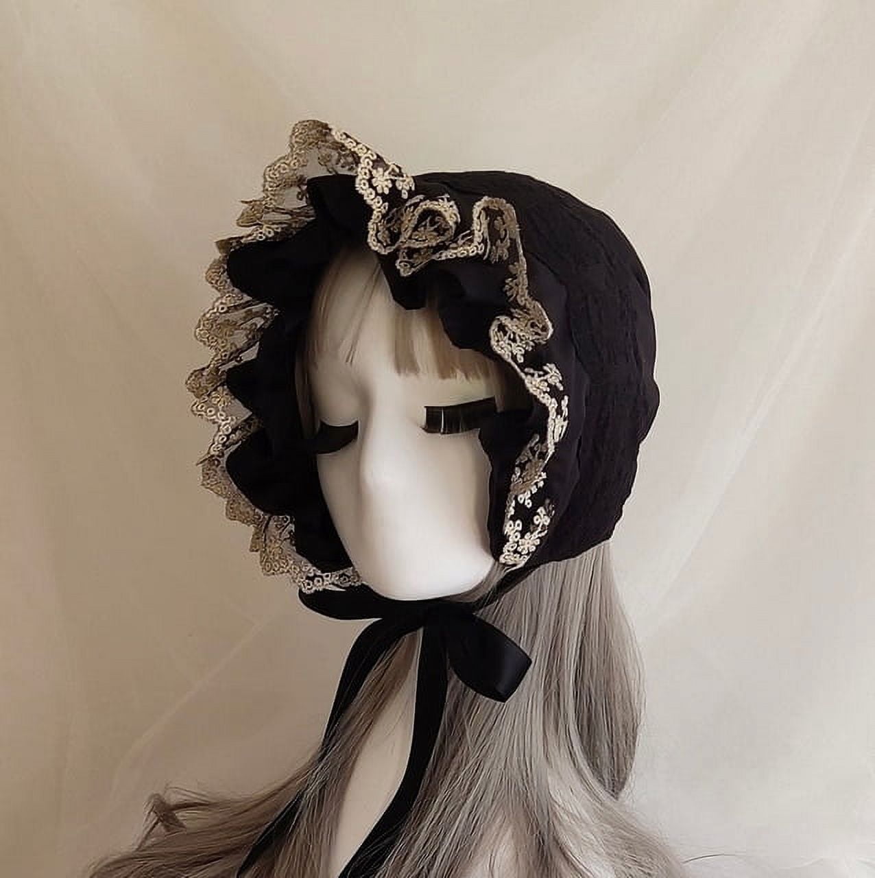 COCOpeaunt Medieval Vintage Maid Cosplay Pumpkin Cotton Cap Lace-up Adjustable Hat Women Girls Lolita Lace Bonnet Ruffled Hat Beanies Cap