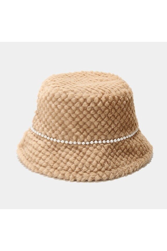 New Fine Lattice Hats for Women Autumn Winter Pearl Bucket Hats Lamb Plush Soft Warm Fisherman Hat Panama Casual Caps Lady Flat