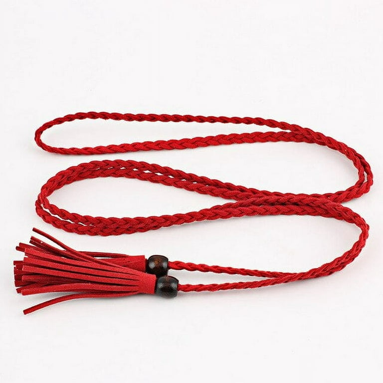 COCOpeaunt New Narrow Rope Braided Solid for Dress Wooden Beads Skinny  Tassel Artificial PU Thin Self Tie Daily Women Waist Belt Waistband 