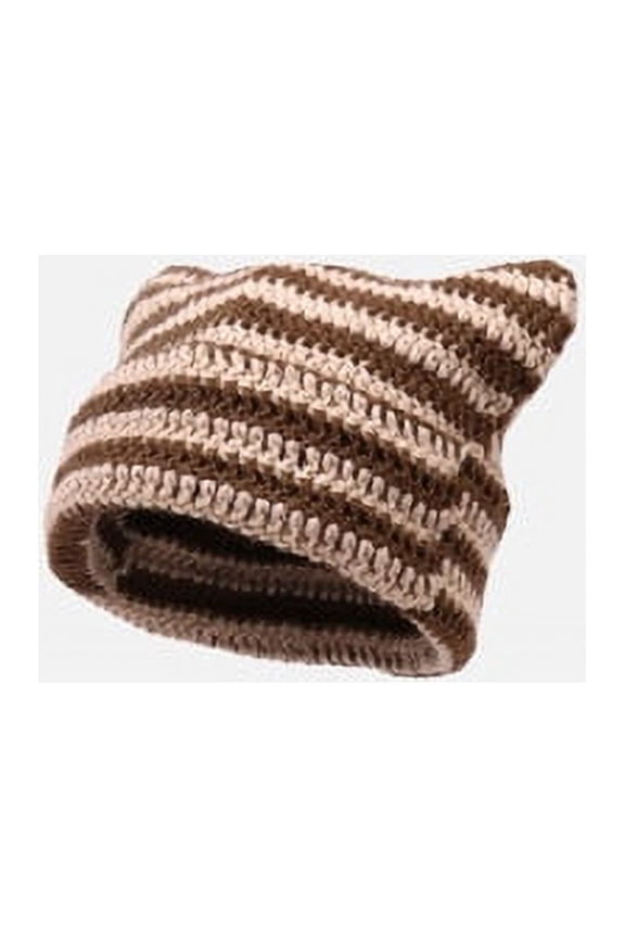 New Striped Beanie with Cat Ear Women Contrast Cute Devil Horns Hat Girls Handmade Crochet Winter Warm Ski Cap for Halloween