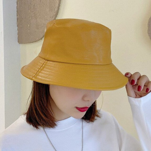 COCOpeaunt New Unisex Spring Summer Solid Black Soft PU Leather Bucket Cap Retro Lady Panama Hat Outdoor Sunscreen Women Sun Hats Gift