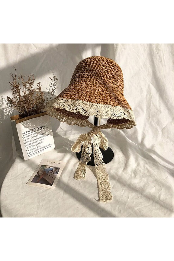 New Women Lace Sun Hats for Wide Brim Straw Beach Side Cap Floppy Female Straw Hat Lace Solid Fringe Straw Hat Summer Bucket Hat