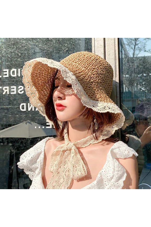 New Women Panama Lace Sun Hats for Wide Brim Straw Beach Side Cap Floppy Female Straw Hat Lace Solid Fringe Straw Hat Summer Hat