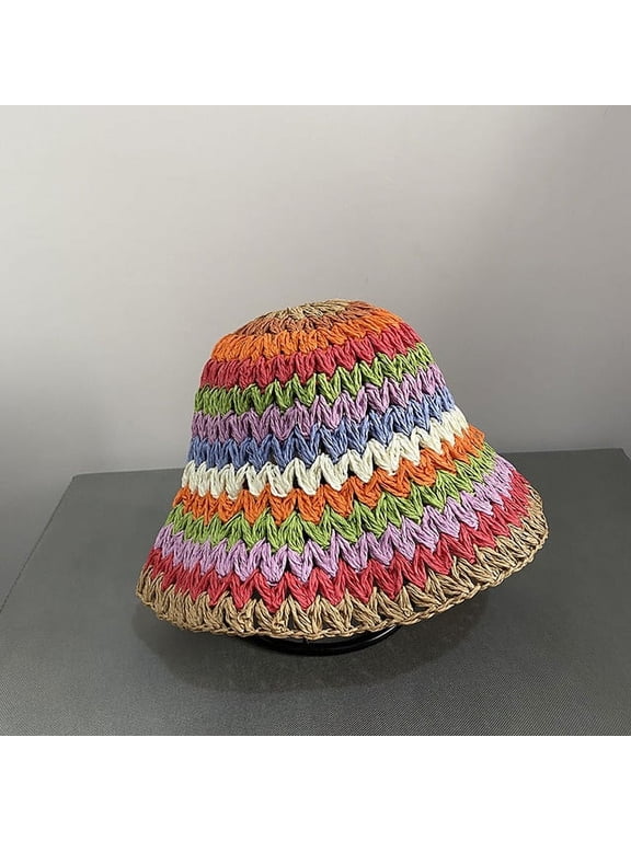 New Womens Straw Rainbow Splicing Hats Cool Panamas UV Protection Sun Visor Beach Hats Women Visors Foldable Female Sun Hat