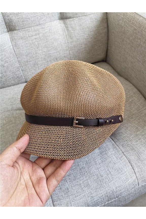Octagonal Cap Straw Women Summer Thin Newsboy Cap Painter Adjustable Rope Knitted Beret Mesh Breathable Beach Straw Hat