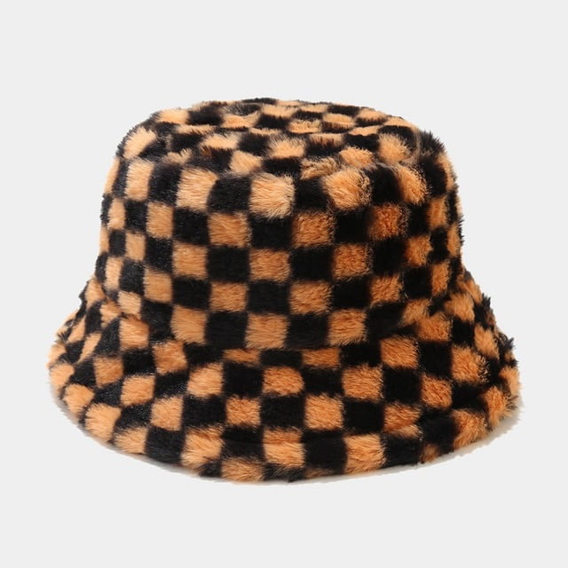 COCOpeaunt Plaid Lamb Faux Fur Bucket Hat Winter Warm Velvet Hats