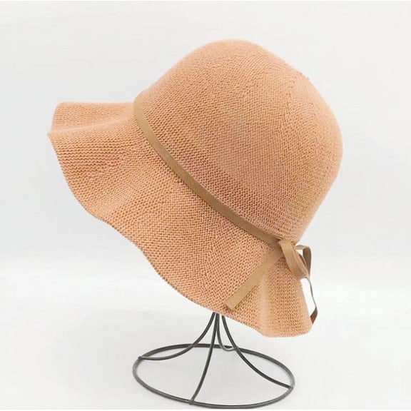 COCOpeaunt Summer Knitting Wool Hat Women Big Wide Brim Beach Hat Sun Hat Foldable Sun Block UV Protection Panama Hat Bone Big Brim Bow