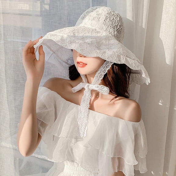 COCOpeaunt Summer White Lace Fisherman Hat Female Japanese Big Head Circumference Thin Section Breathable Sun Protection with Rope Bob Hat