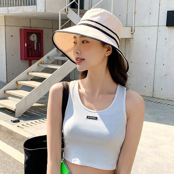 COCOpeaunt Sun Hat Stripe Summer Panama Foldable Bucket Hat for Women Outdoor Sunscreen Fishing Hunting Cap Anti-UV Wide Brim Bucket Caps