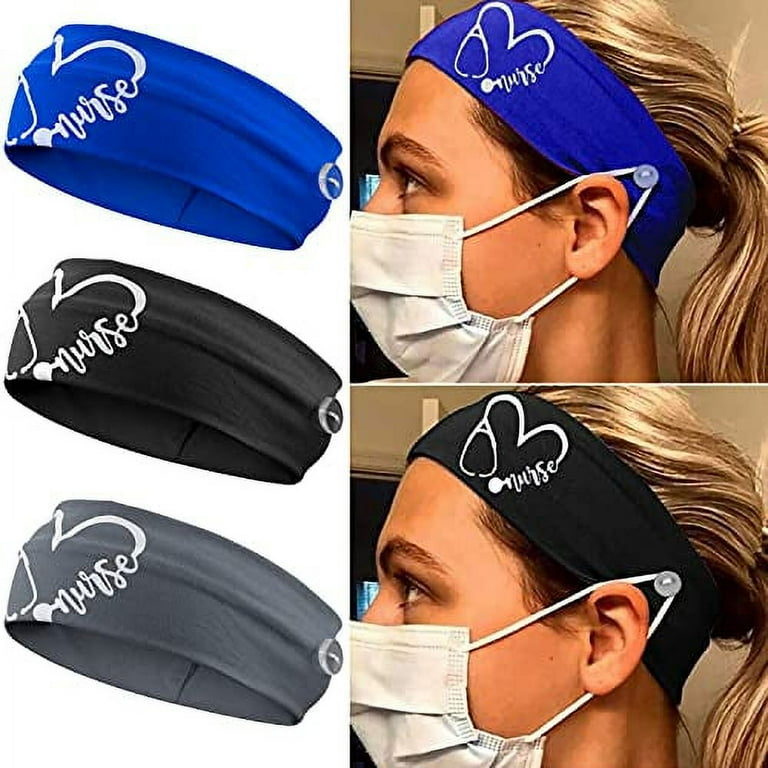 CODACE 3 Packs Nurse Headbands with Buttons Face Cover Holder Reduce Ear Pain Elastic Hair Bands for Women Nursing Healthcare Worker Blue Black