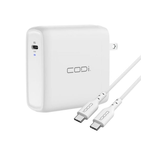 CODi 100W USB-C Wall Charger with 6.5ft USB2.0 EPR Braided Cable | Fast Charging Power Adapter for Laptops, Tablets, and Smartphones | Compact, Durable, Travel-Ready USB-C PD Charger
