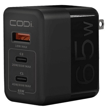 CODi 65W GaN Triple Port Wall Charger | USB-C & USB-A Fast Charging, Quick Charge 3.0, Universal Compatibility