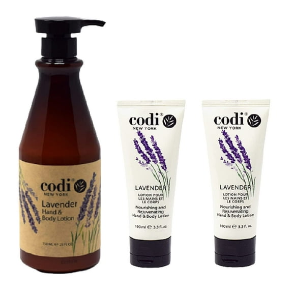 CODi Lavender Lotion - Lavender Body and Hand Lotion for Women and Men - Lavender Body Lotion with True English Lavender Scent - Less Greasy and Quick Absorbent - 1 750ml Bottle and 2 100ml Tubes