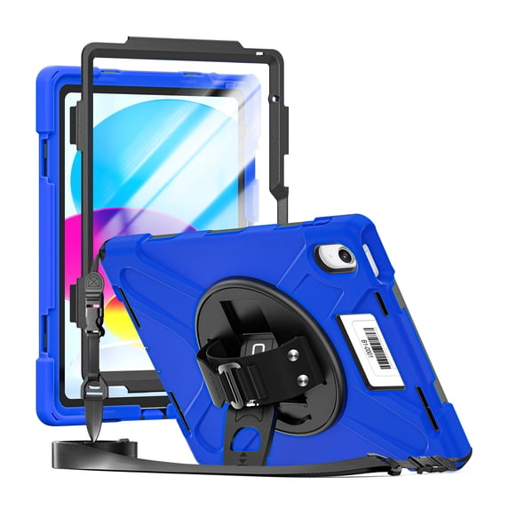 CODi Rugged Case for iPad 11" (A16) and iPad 10.9" 10th Generation with Integrated Screen Protector, Rotating Kickstand, Hand Strap, Shoulder Strap, Blue