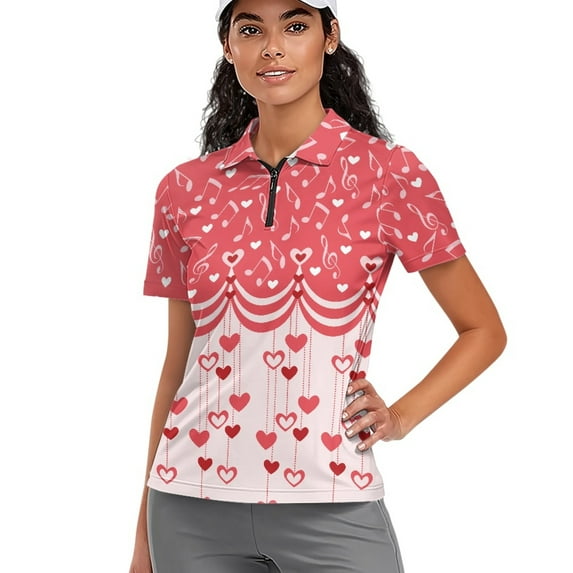 COEQINE 1/4 Zip Golf Shirts for Women Moisture Wicking Soft Tennis Activewear Heart and Musical Notes Print Lightweight Polo Shirts Short Sleeve Tennis Activewear for Valentine's Day, XS
