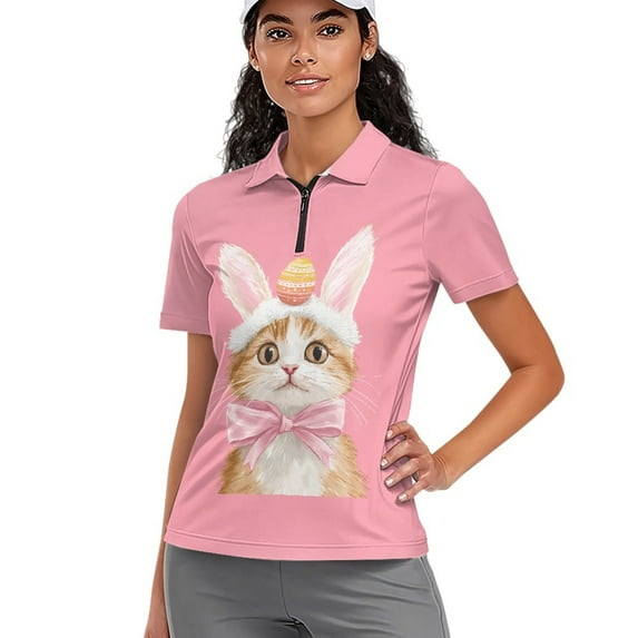 COEQINE 1/4 Zip Golf Shirts for Women Soft Quick Dry Fit Golf Tops Easter Bunny Ears Cat Egg Bow Pink Print Short Sleeve Polo Shirts Moisture Wicking Tennis Activewear, M