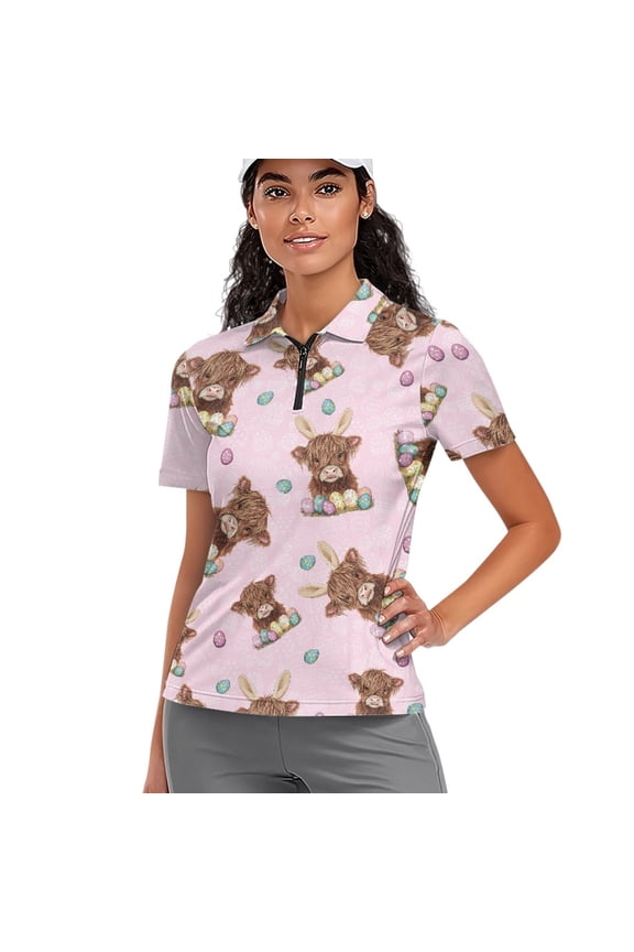 1/4 Zip Golf Shirts for Women Soft Quick Dry Fit Workout Golf Tops Moisture Wicking Short Sleeve Polo Shirts Easter Egg and Highland Cattle Print Cooling Bowling Shirt, M