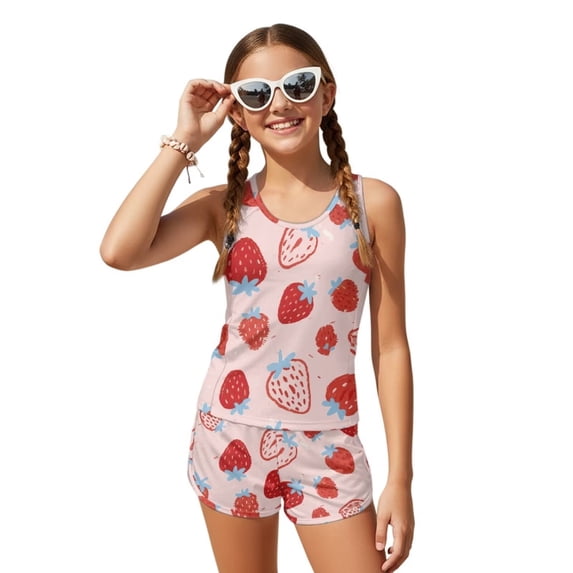 COEQINE 2 Piece Girls Swimsuit Tankini with Removable Pads for Ages 12-13 Years Old Rash Guard Bathing Suits Soft Comfortable Tankini Set for Pool Beach Wear, Red Strawberry