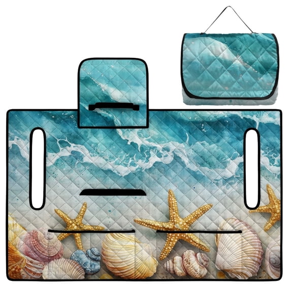COEQINE 2-Seater Golf Cart Seat Towel Blanket with Portable Fold Design and Handle, 51.2"x30.3" Universal Fit, Quilted Seat Cover, 4 Pockets, Machine Washable, Beach Starfish Seashell Conch