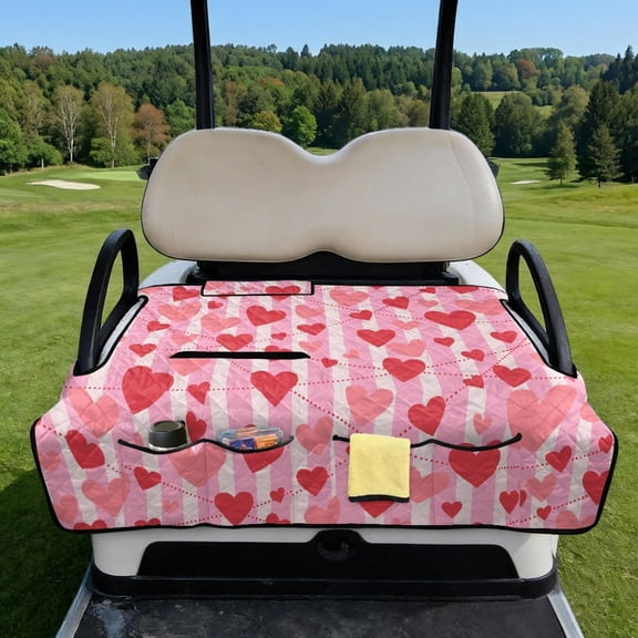 COEQINE 2-Seater Golf Cart Seat Towel Blanket with Portable Fold Design and Handle, 51.2"x30.3" Universal Fit, Quilted Seat Cover, 4 Pockets, Machine Washable, Pink Heart Stripes
