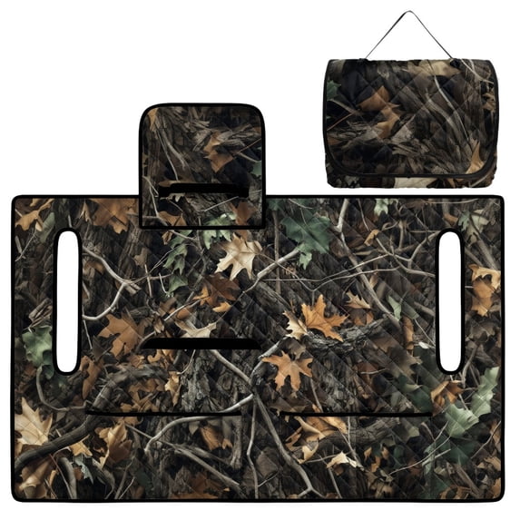 COEQINE 2-in-1 Golf Cart Seat Cover & Carry Bundle, Folds Like a Bag with Handle, Universal Fit for Two-Seaters, 4 Storage Pockets, Machine Washable Polyester, Camo Hunting Forest Black