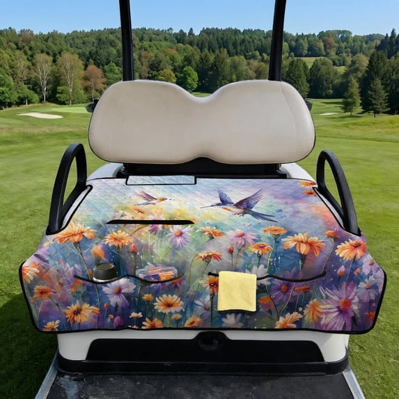 COEQINE 2-in-1 Golf Cart Seat Cover & Carry Bundle, Folds Like a Bag with Handle, Universal Fit for Two-Seaters, 4 Storage Pockets, Machine Washable Polyester, Hummingbird Daisy Purple