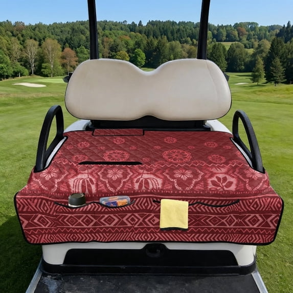 COEQINE 2-in-1 Golf Cart Seat Cover & Carry Bundle, Folds Like a Bag with Handle, Universal Fit for Two-Seaters, 4 Storage Pockets, Machine Washable Polyester, Red American Tribal Boho Flower