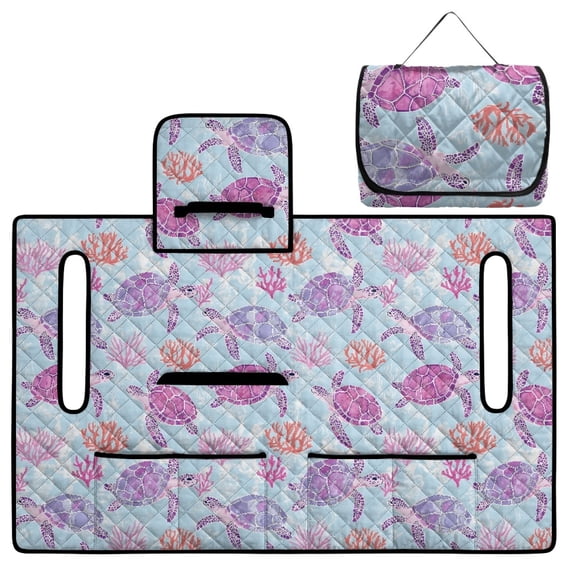 COEQINE 2-in-1 Golf Cart Seat Cover & Carry Bundle, Folds Like a Bag with Handle, Universal Fit for Two-Seaters, 4 Storage Pockets, Machine Washable Polyester, Sea Turtle Coral Purple