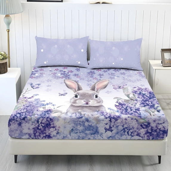 COEQINE 3 Piece Bed Sheets Set Soft Snug Fit Wrinkle Free Winter Bed Sheets Bottom Bedsheet & Pillowcases with Deep Pockets for Easter Home Decor, Cute Rabbit Cherry Blossom Violet