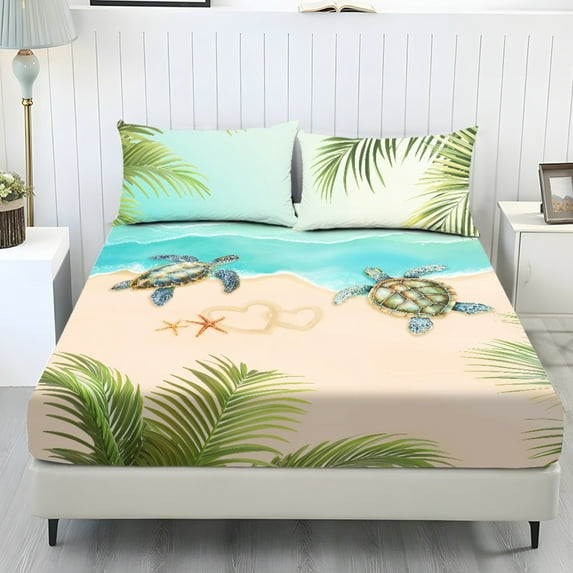 COEQINE 3 Piece Bed Sheets Set Soft Snug Fit Wrinkle Free Winter Bed Sheets Bottom Bedsheet & Pillowcases with Deep Pockets for Full Size Bed, Beach Sea Turtle Palm Leaf