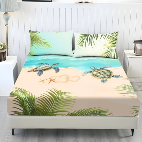 COEQINE 3 Piece Bed Sheets Set Soft Snug Fit Wrinkle Free Winter Bed Sheets Bottom Bedsheet & Pillowcases with Deep Pockets for Full Size Bed, Beach Sea Turtle Palm Leaf