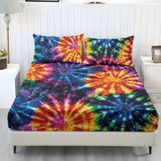 COEQINE 3 Piece Bed Sheets Set Soft Snug Fit Wrinkle Free Winter Bed Sheets Bottom Bedsheet & Pillowcases with Deep Pockets for Full Size Bed, Colorful Tie-dye Print