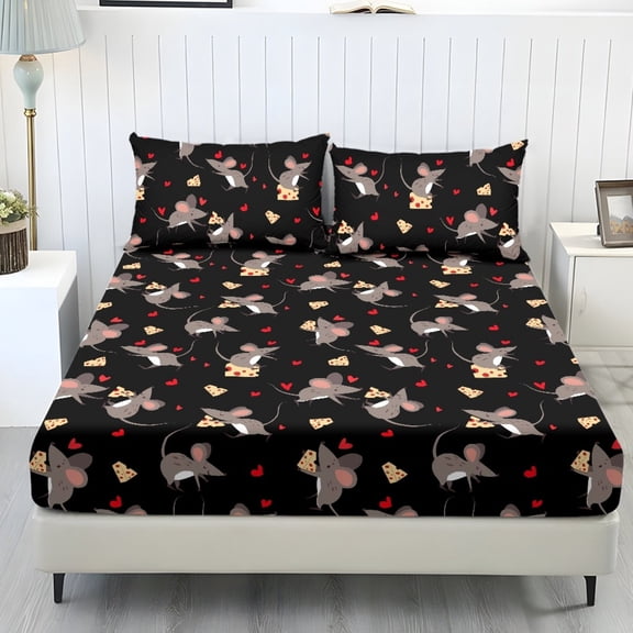 COEQINE 3 Piece Bed Sheets Set Soft Snug Fit Wrinkle Free Winter Bed Sheets Bottom Bedsheet & Pillowcases with Deep Pockets for Full Size Bed, Cute Mouse Cheese Heart Black