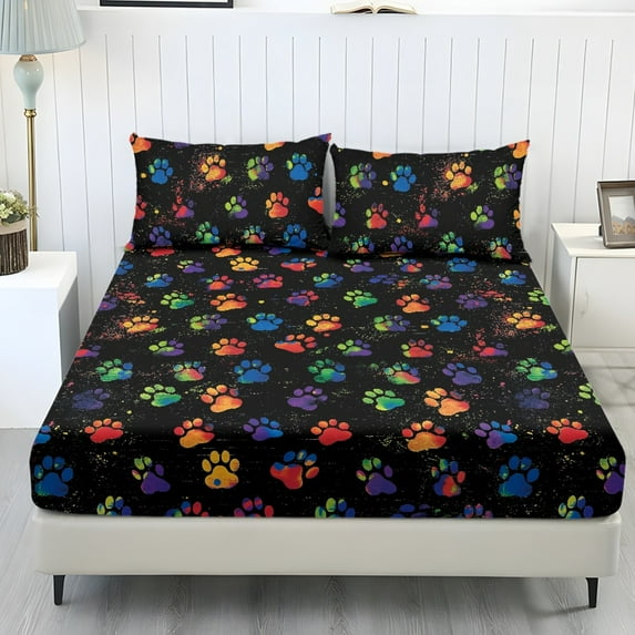 COEQINE 3 Piece Bed Sheets Set Soft Snug Fit Wrinkle Free Winter Bed Sheets Bottom Bedsheet & Pillowcases with Deep Pockets for King Size Bed, Colorful Paw Print Splash
